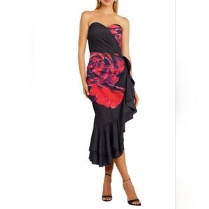 One 33 Social Strapless Black Dress with Red Rose Accent and Asymmetrical Ruffle
